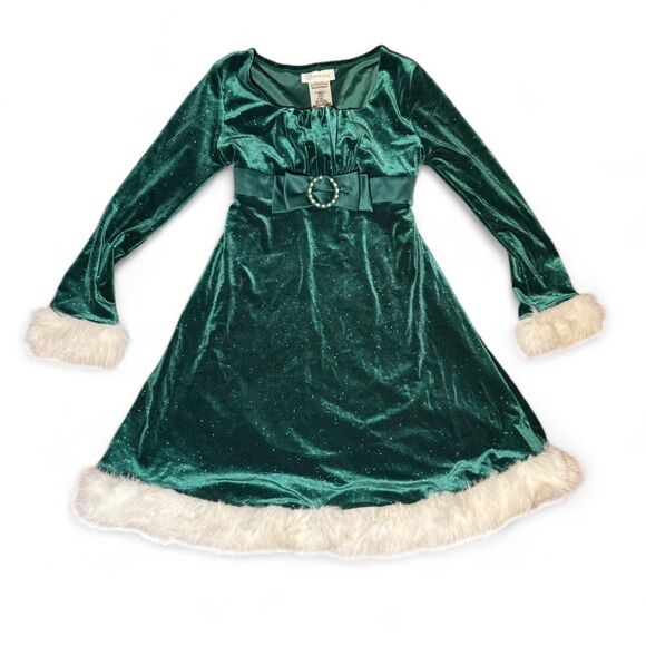 Bonnie Jean Girls Size 10 Green Sparkle Velour Faux Fur Holiday Christmas Dress - Picture 1 of 6